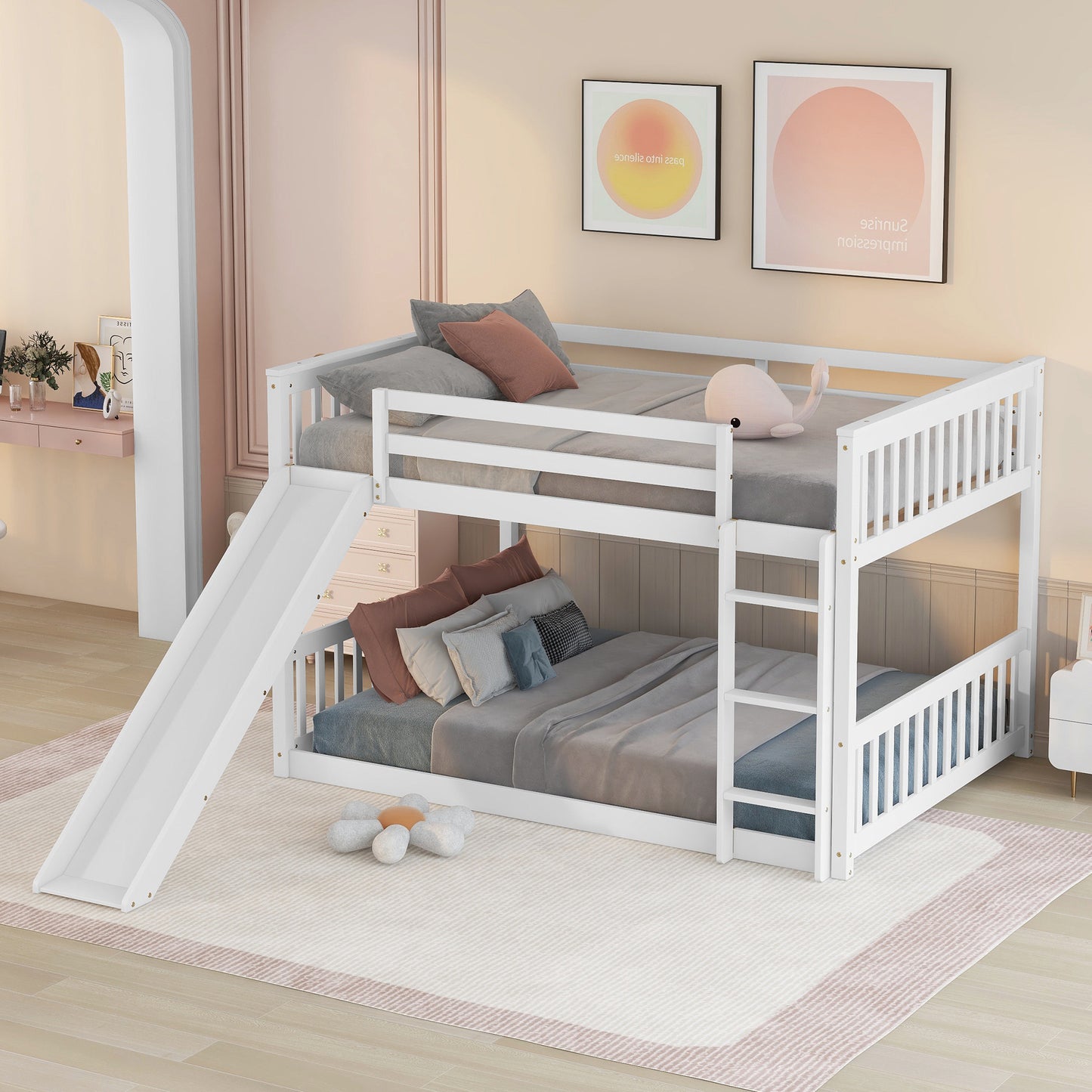 Full over Full White Bunk Bed with Slide and Ladder