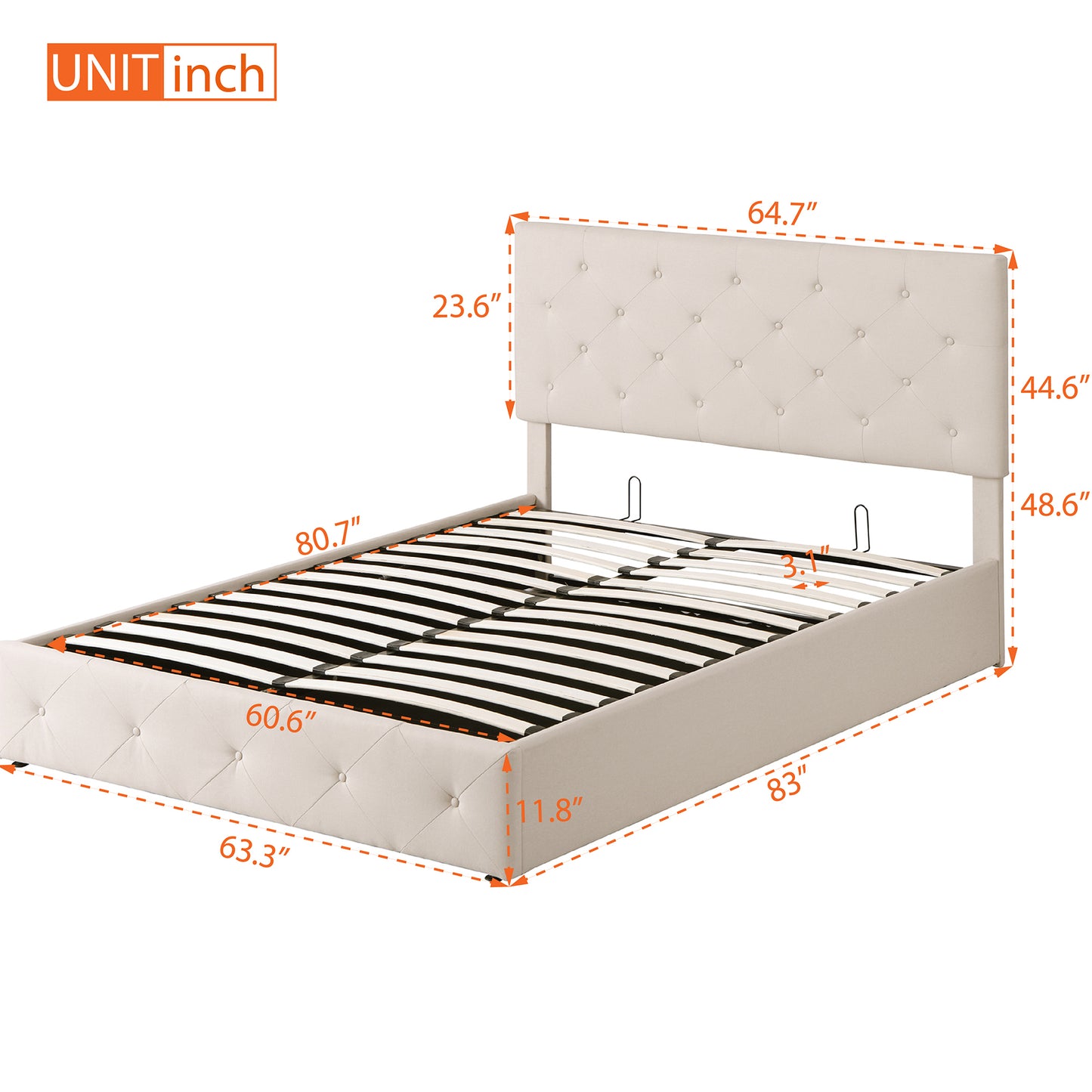 Queen size Upholstered Platform bed with a Hydraulic Storage System - Beige