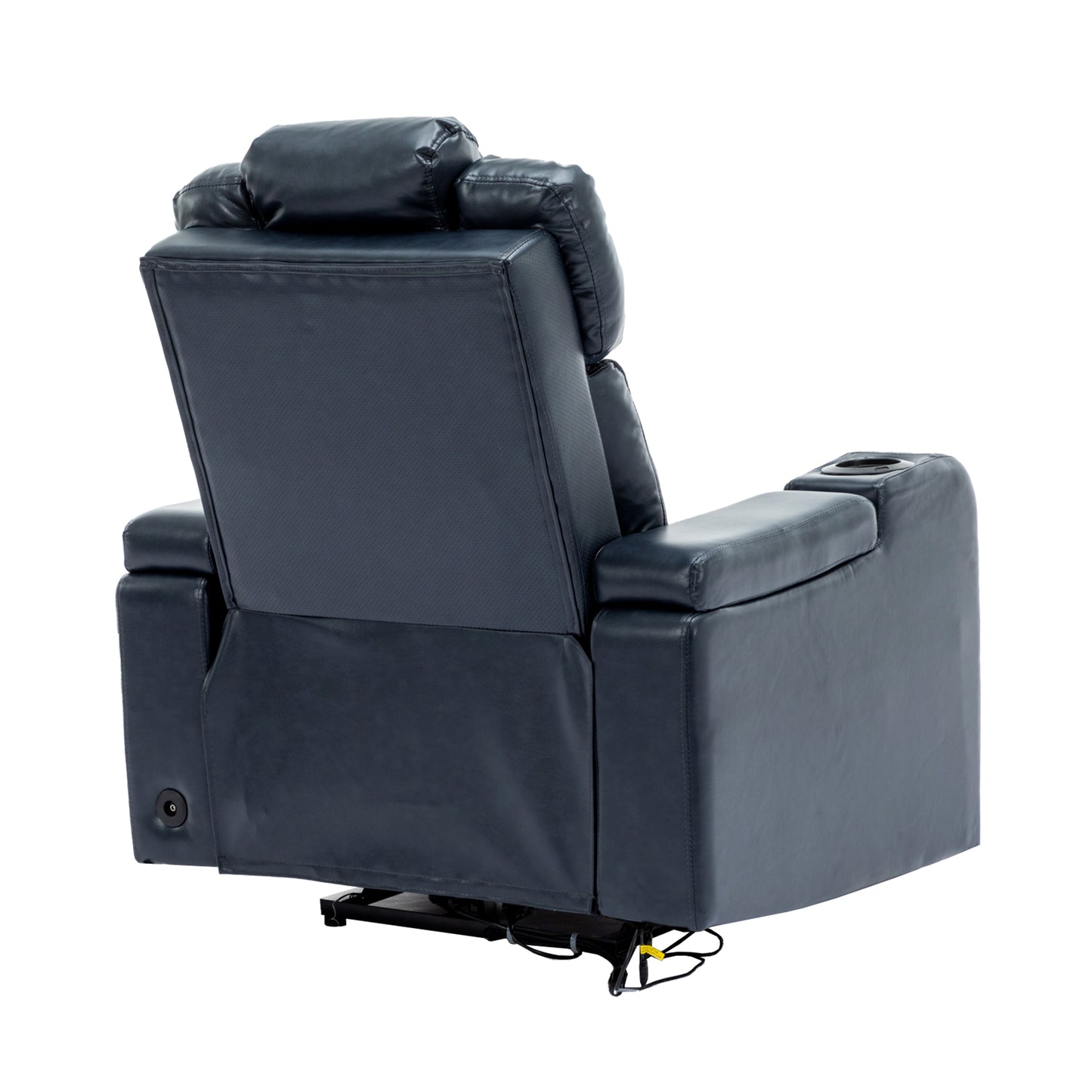 Blue Leather Power Recliner with Cooling Cup Holder, Bluetooth Speaker, and 360° Swivel Tray Table