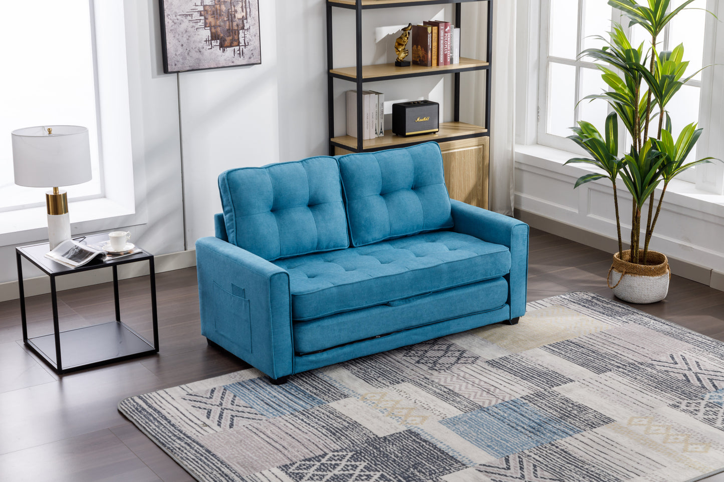 Modern Blue Loveseat Sofa with Pull-Out Bed and Storage Pockets