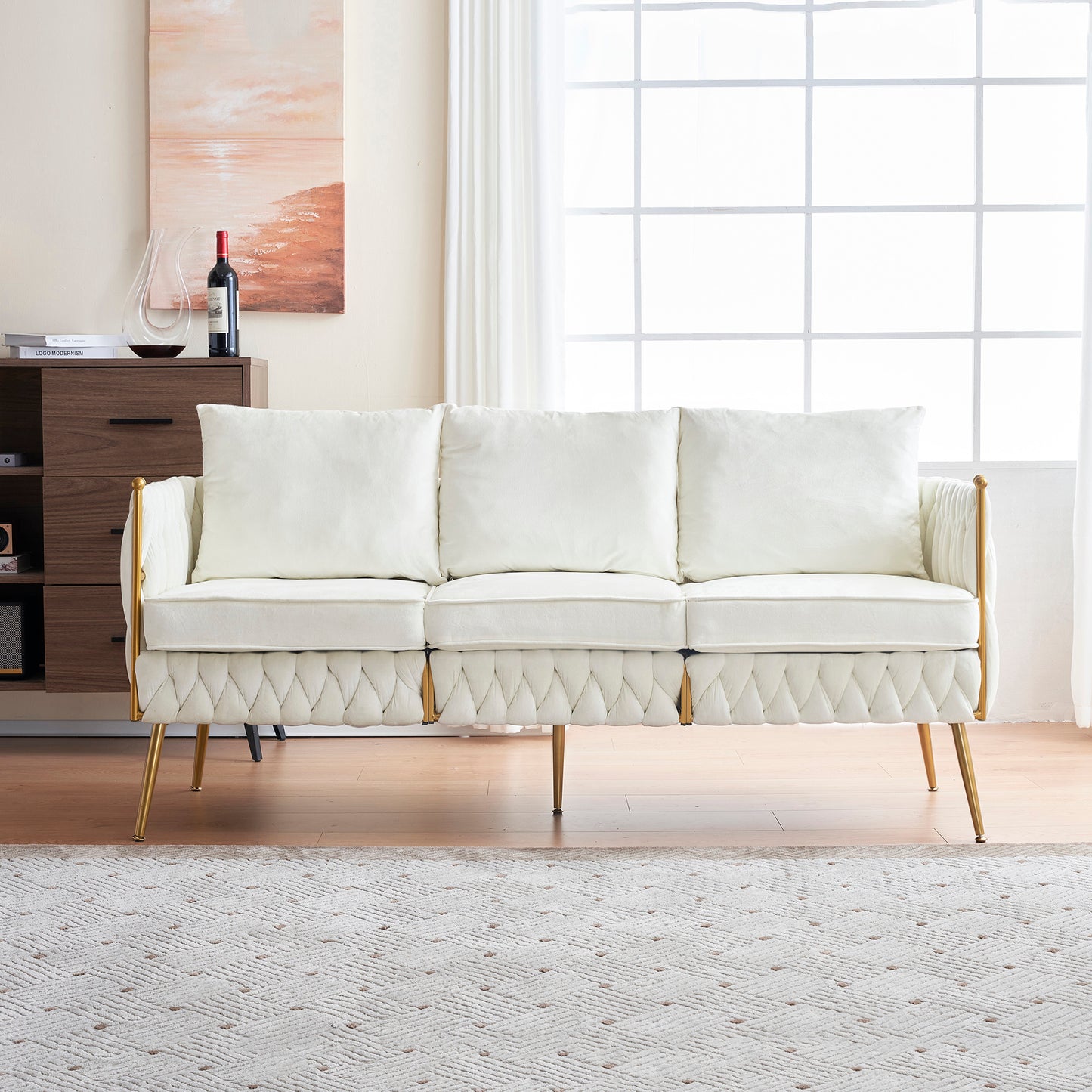 Velvet Couch Sofa for Three People , Upholstered Sofa with Stylish Woven Back, Small Comfy Couch with 3 Pillows, Modern 3-Seat Sofa with Gold Frame for Living Room , Cream White Velvet