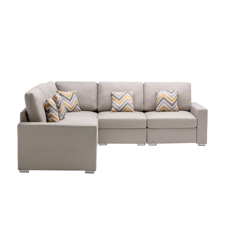 Nolan Beige Linen Fabric 5-Piece Reversible Sectional Sofa Set with Accent Pillows and Customizable Legs