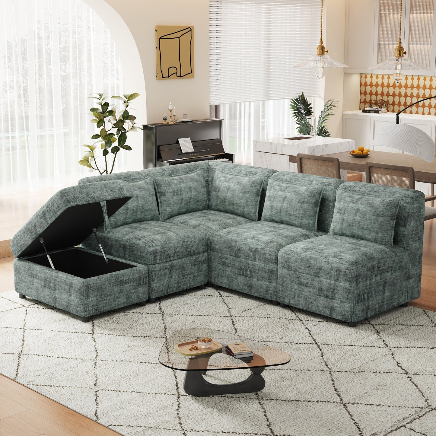 Endless Lounge Creations: Free-Combined Blue-Green Sectional Sofa with Storage Ottoman and 5 Pillows