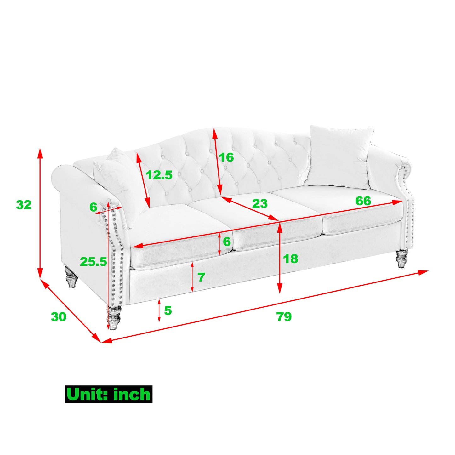 [Video] 79" Chesterfield Sofa Grey Velvet for Living Room, 3 Seater Sofa Tufted Couch with Rolled Arms and Nailhead for Living Room, Bedroom, Office, Apartment, two pillows