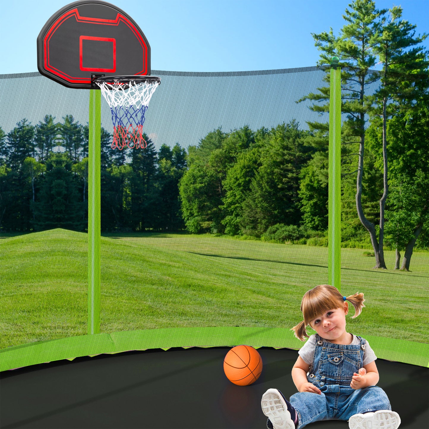 16FT Trampoline with Basketball Hoop pump and Ladder(Inner Safety Enclosure) with soccer goal Green