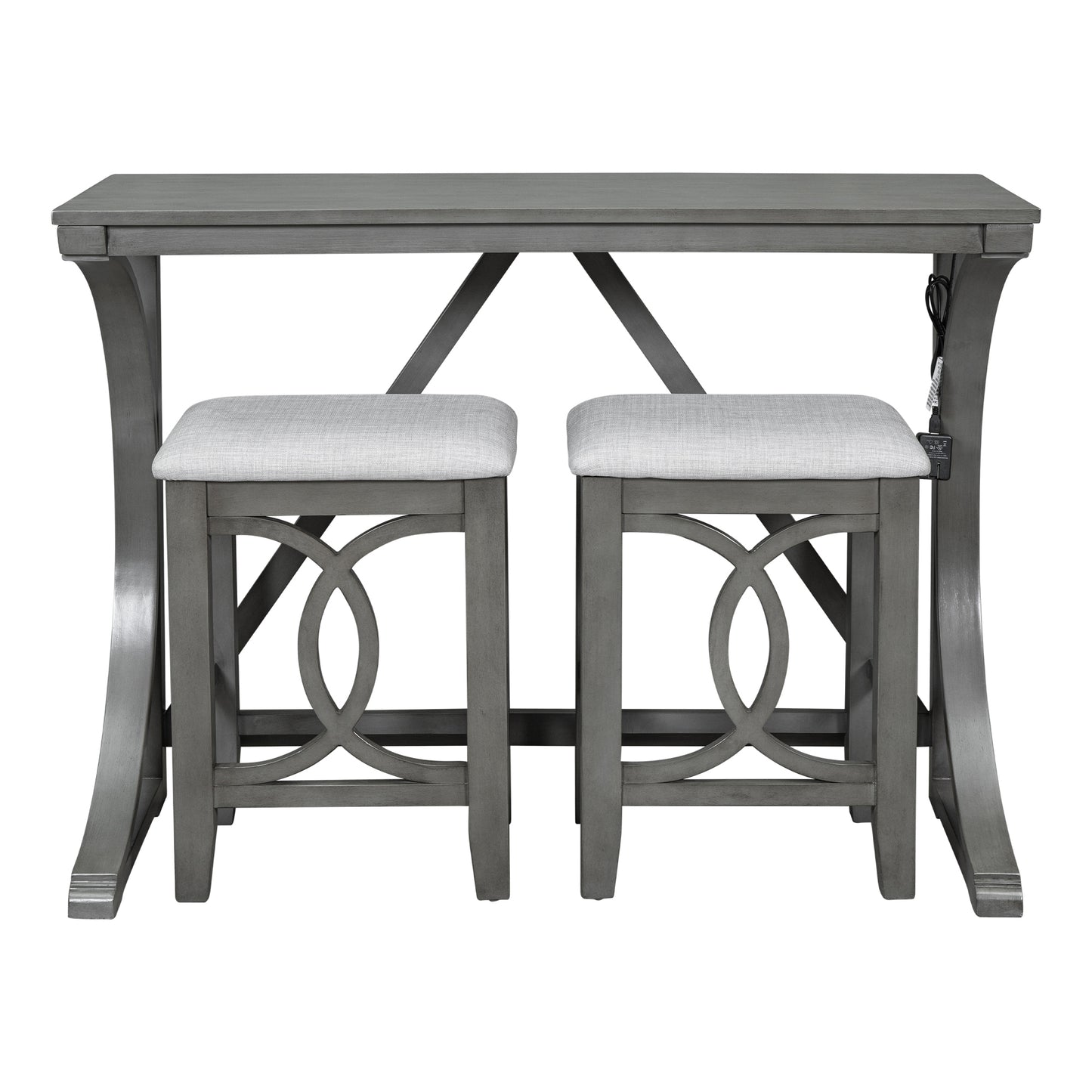 Farmhouse 3-Piece Counter Height Dining Table Set with USB Port and Upholstered Stools,Gray