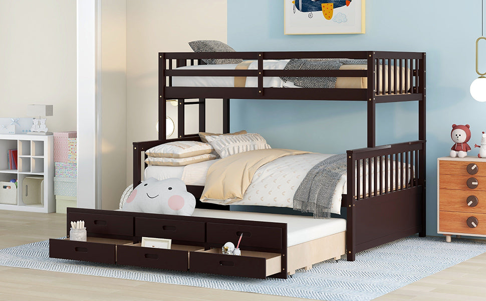 Rustic Three-Bedroom Bunk Bed with Trundle and Drawers - Espresso