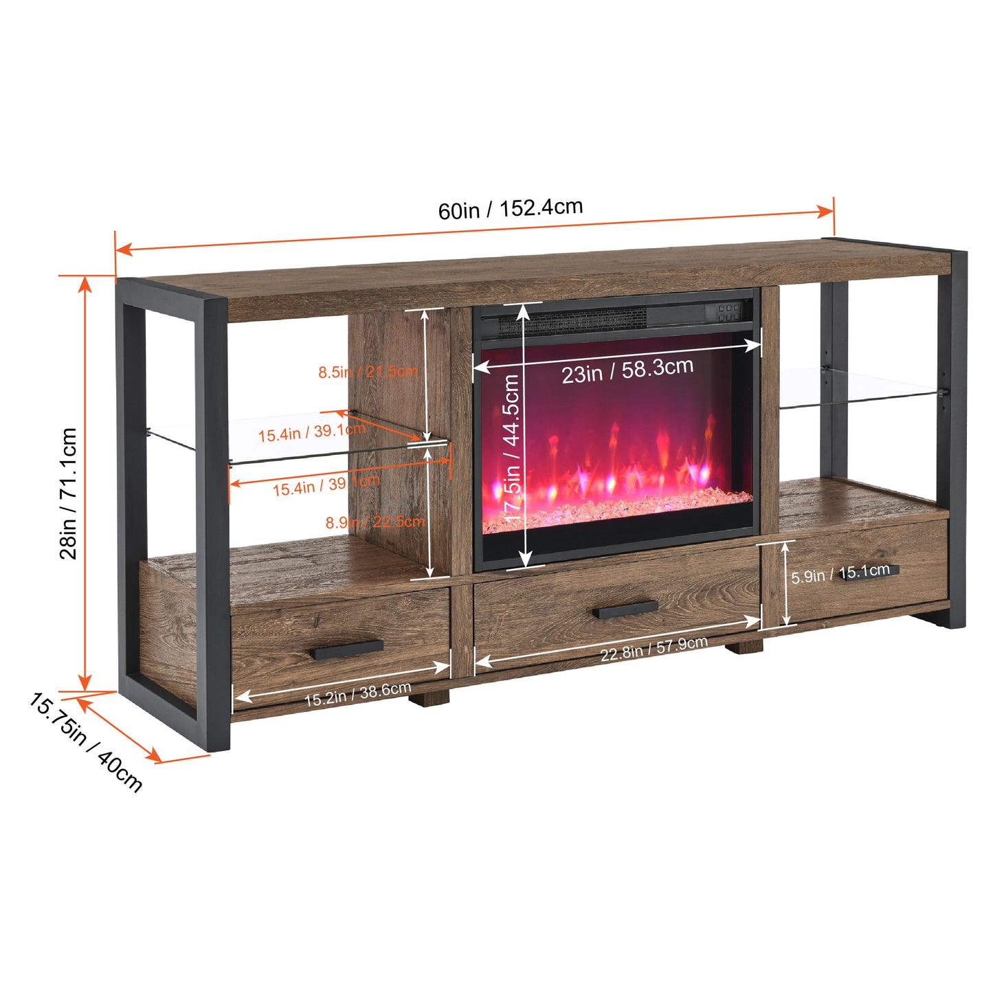 60 inch Electric Fireplace TV Stand With Multi-Color LED Lights - Reclaimed Barnwood Color