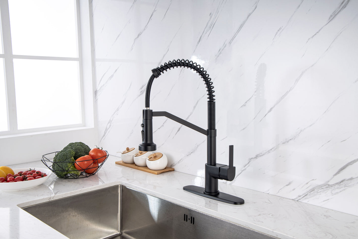 Kitchen Faucet, Kitchen Faucets with Pull Down Sprayer WEWE Sus304 Stainless Steel Matte Black Industrial Single Handle One Hole Or 3 Hole Faucet for Farmhouse Camper Laundry Utility Rv Wet Bar Sinks