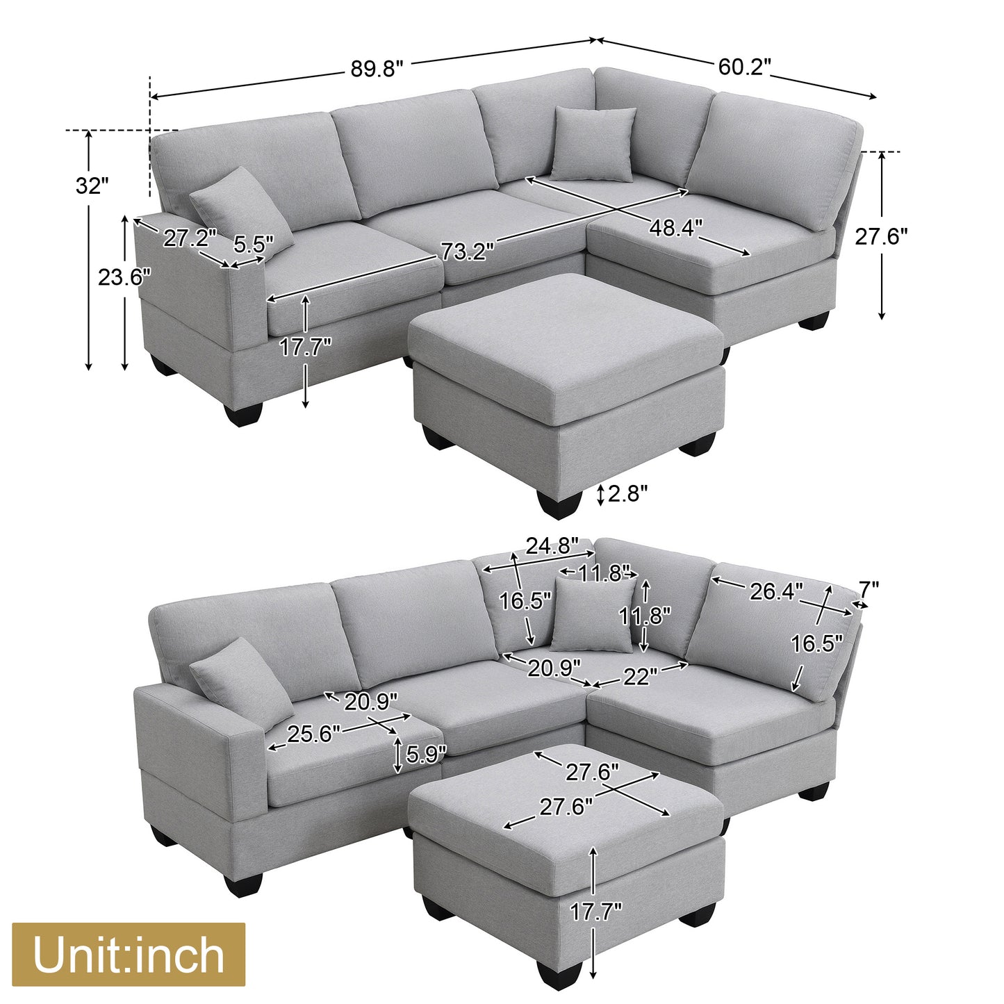 Modern 5-Seat Sectional Sofa Set with Convertible Ottoman