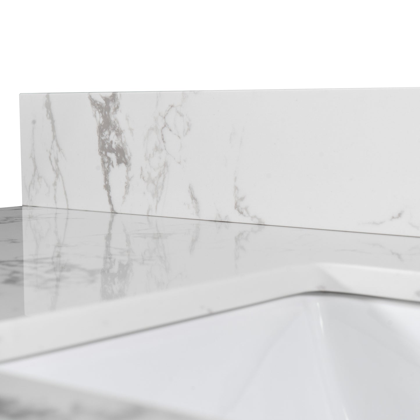 Montary 43x22 inch bathroom stone vanity top  engineered stone carrara white marble color with rectangle undermount ceramic sink and  single faucet hole with back splash .