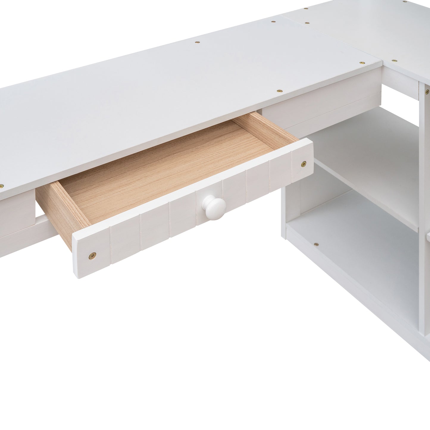 Twin size Loft Bed with Drawers, Cabinet, Shelves and Desk, Wooden Loft Bed with Desk - White( :LT000505AAK)