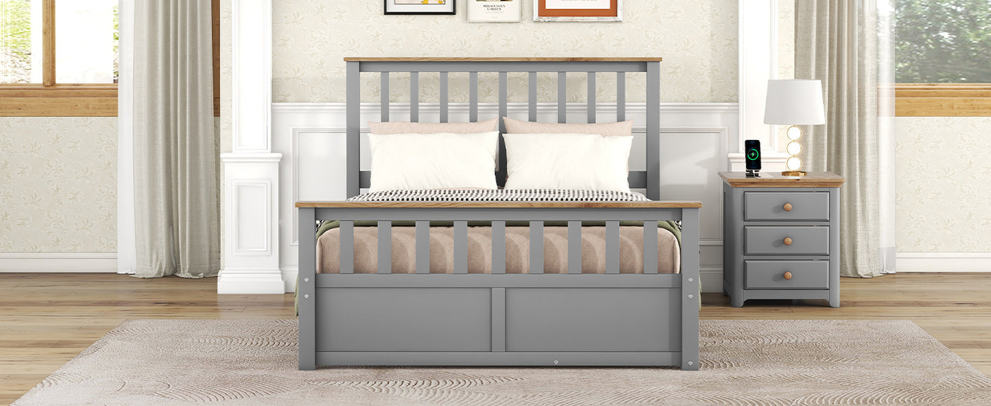 Full Size Wood Platform Bed with Two Drawers and Wooden Slat Support,Gray+Natrual