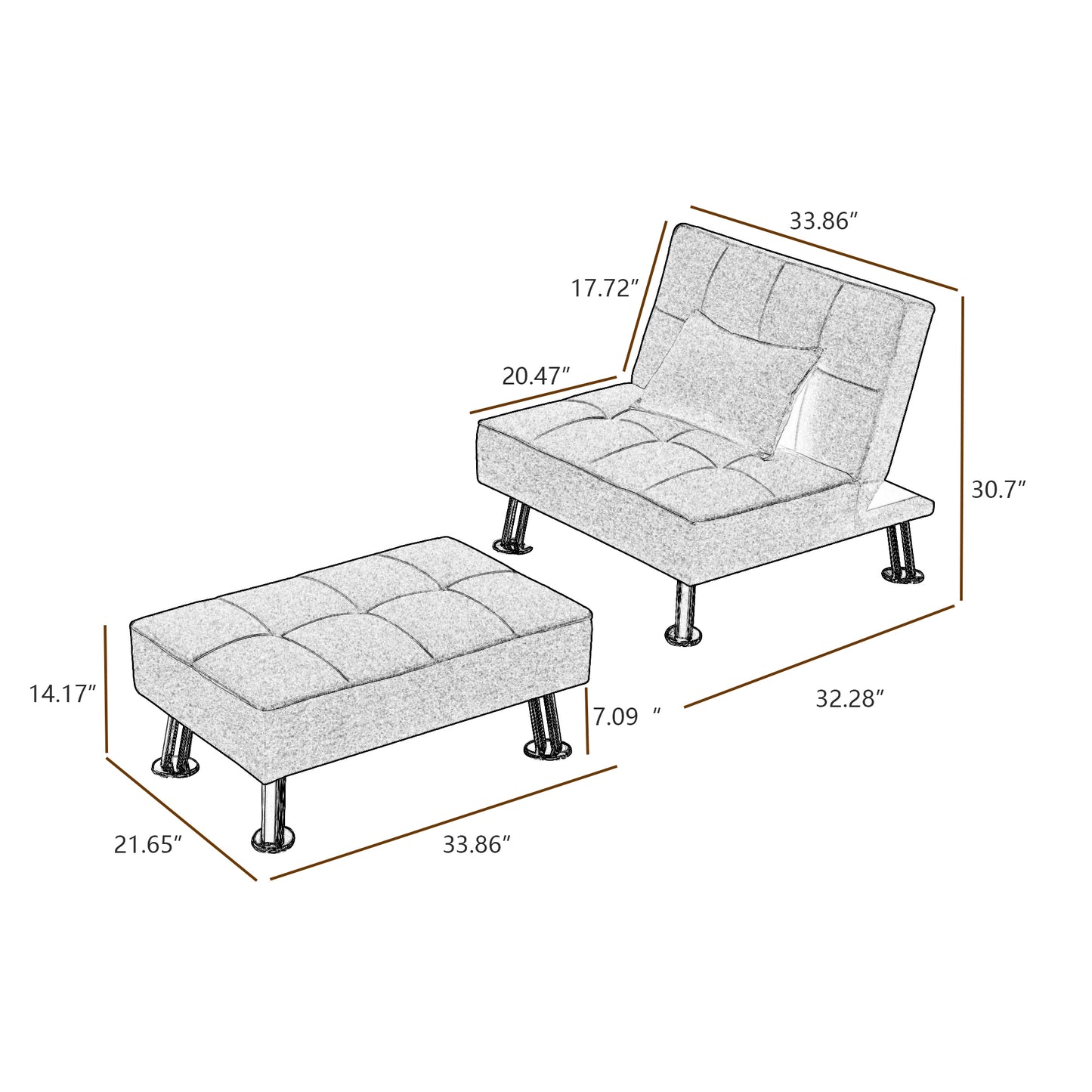 BEIGE  Fabric Single Sofa Bed with Ottoman , Convertible Folding Futon Chair, Lounge Chair Set with Metal Legs .