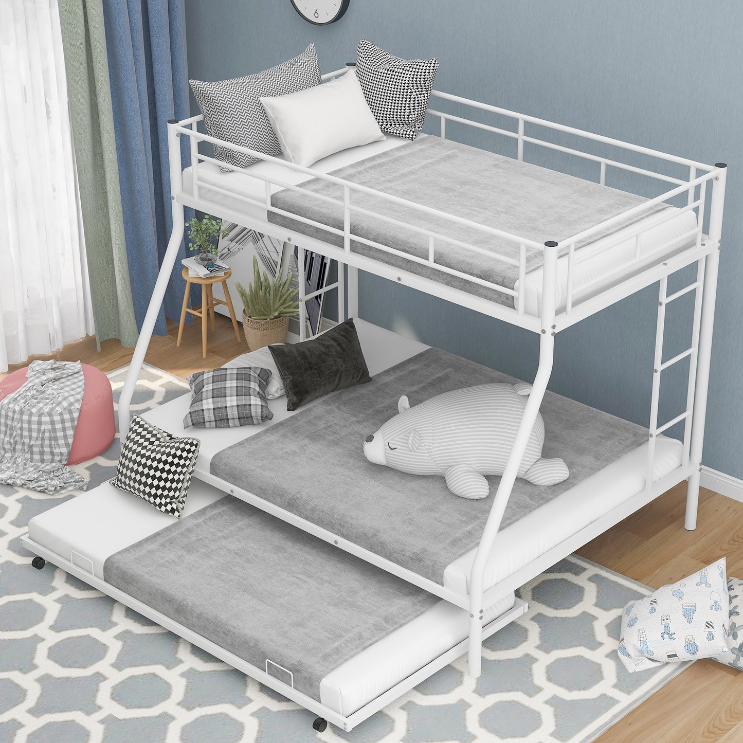 White Steel Frame Twin over Full Bunk Bed with Trundle Bed