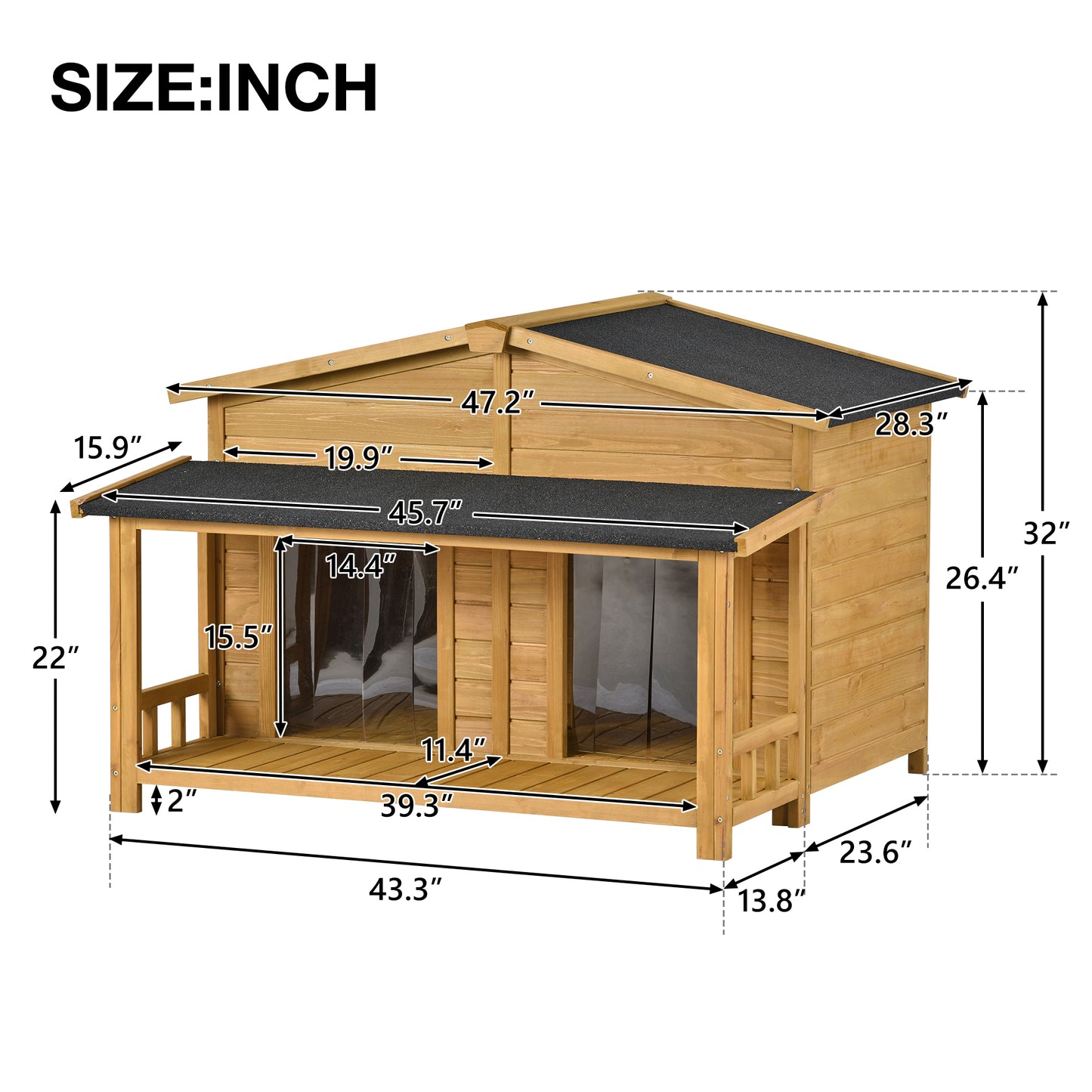 GO 47.2" Large Wooden Dog House Outdoor,  Outdoor & Indoor Dog Crate, Cabin Style, With Porch, 2 Doors