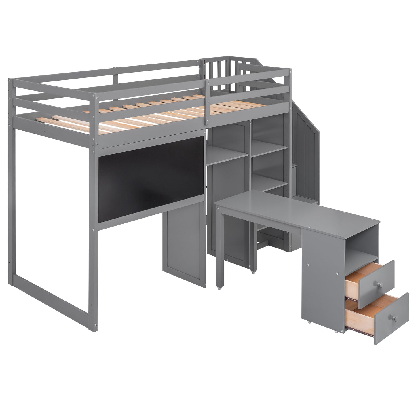 Twin Size Loft Bed with Pullable Desk and Storage Shelves,Staircase and Blackboard,Gray