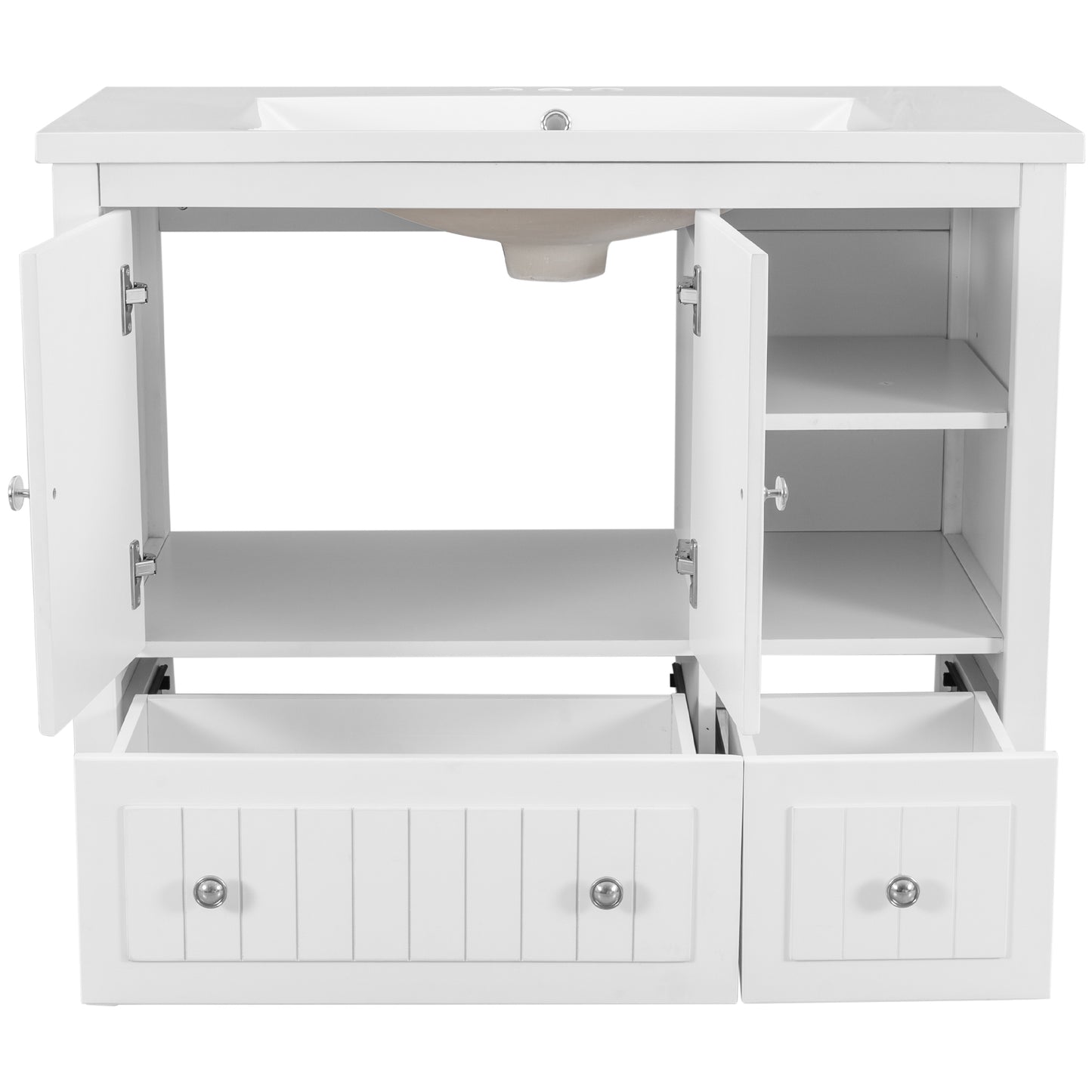 [VIDEO] 36" Bathroom Vanity with Ceramic Basin, Bathroom Storage Cabinet with Two Doors and Drawers, Solid Frame, Metal Handles, White