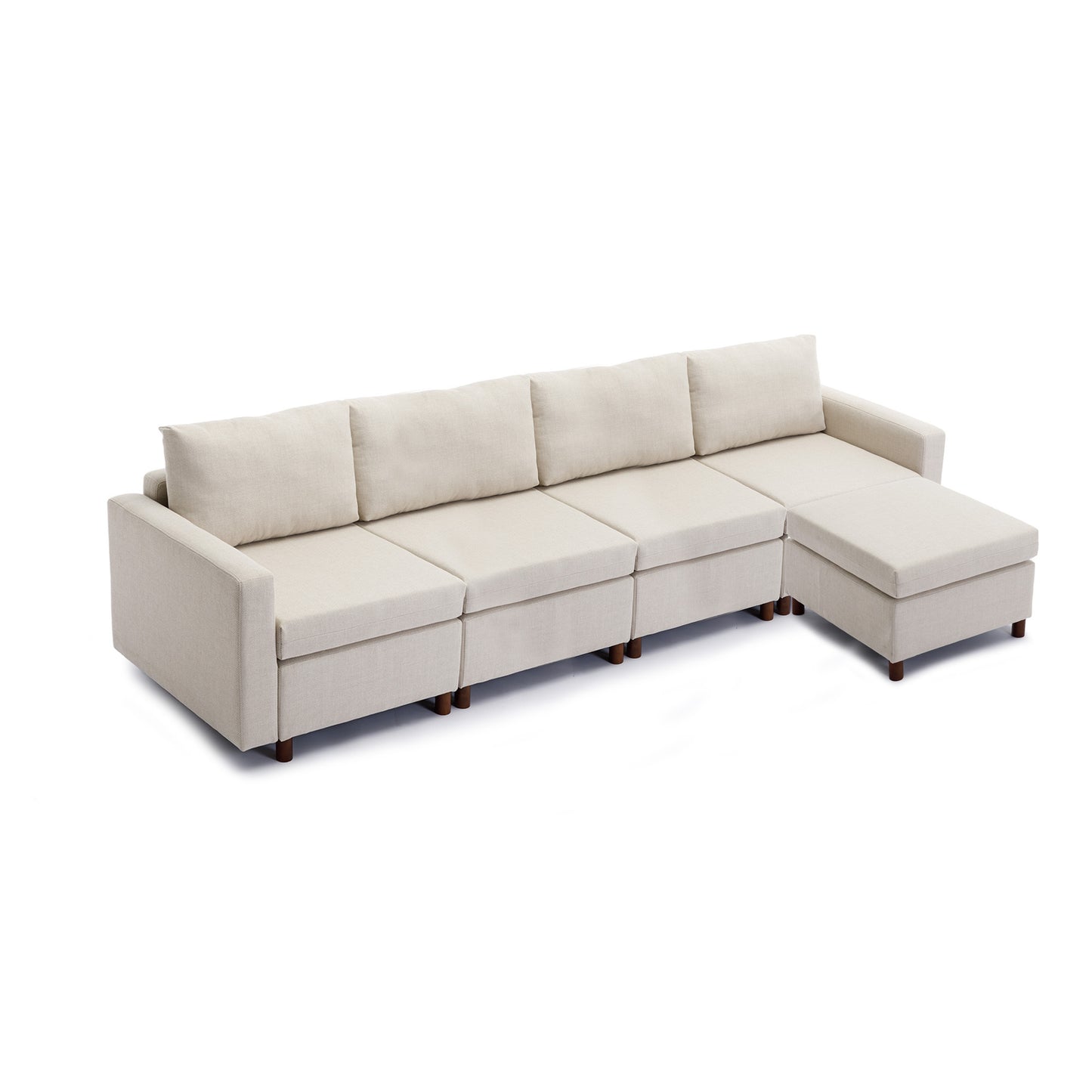 4 Seater Sectional Sofa with Ottoman, Cream Linen, Non-Removable Cushions