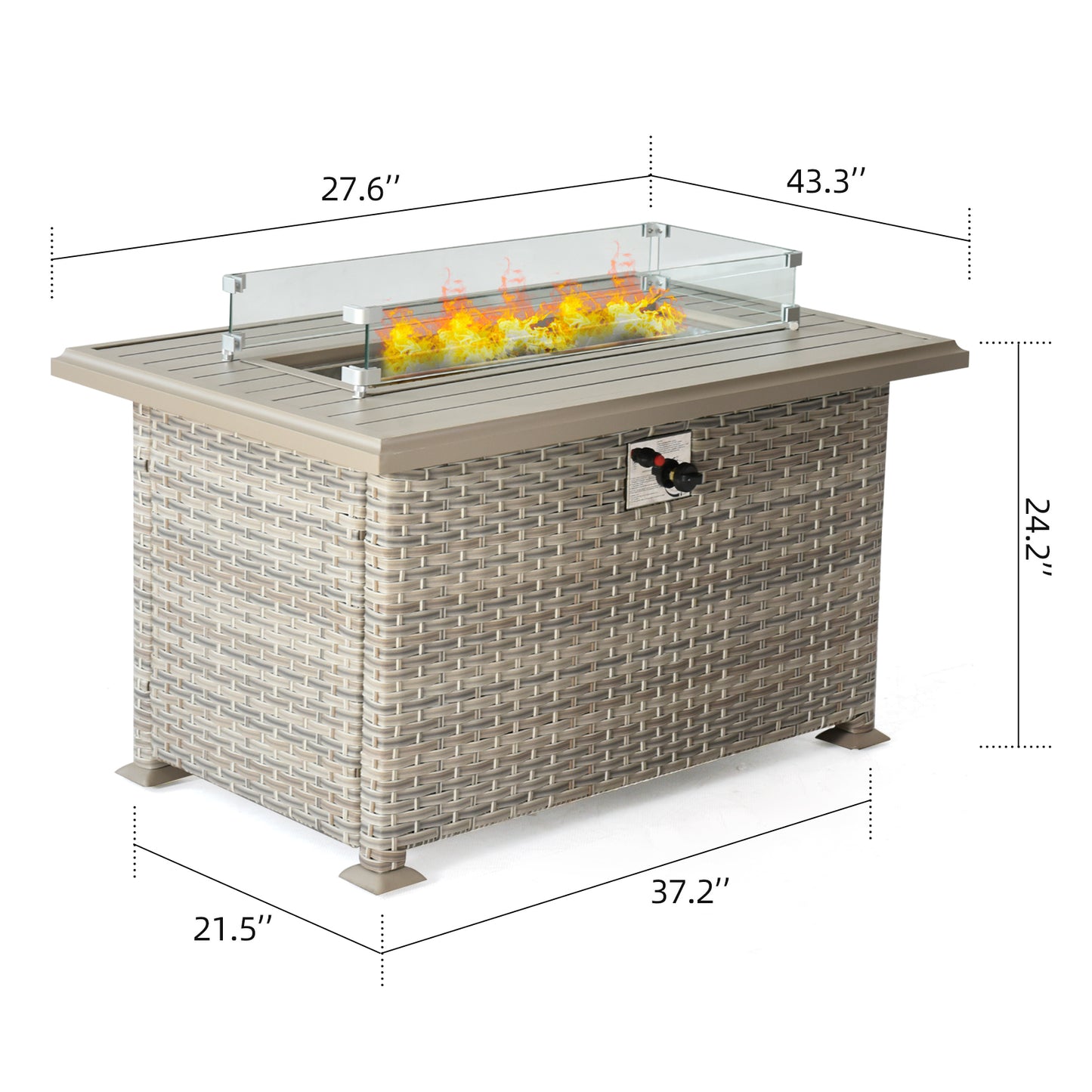 Outdoor Wicker Gas Fire Table with Aluminum Tabletop and Glass Wind Guard
