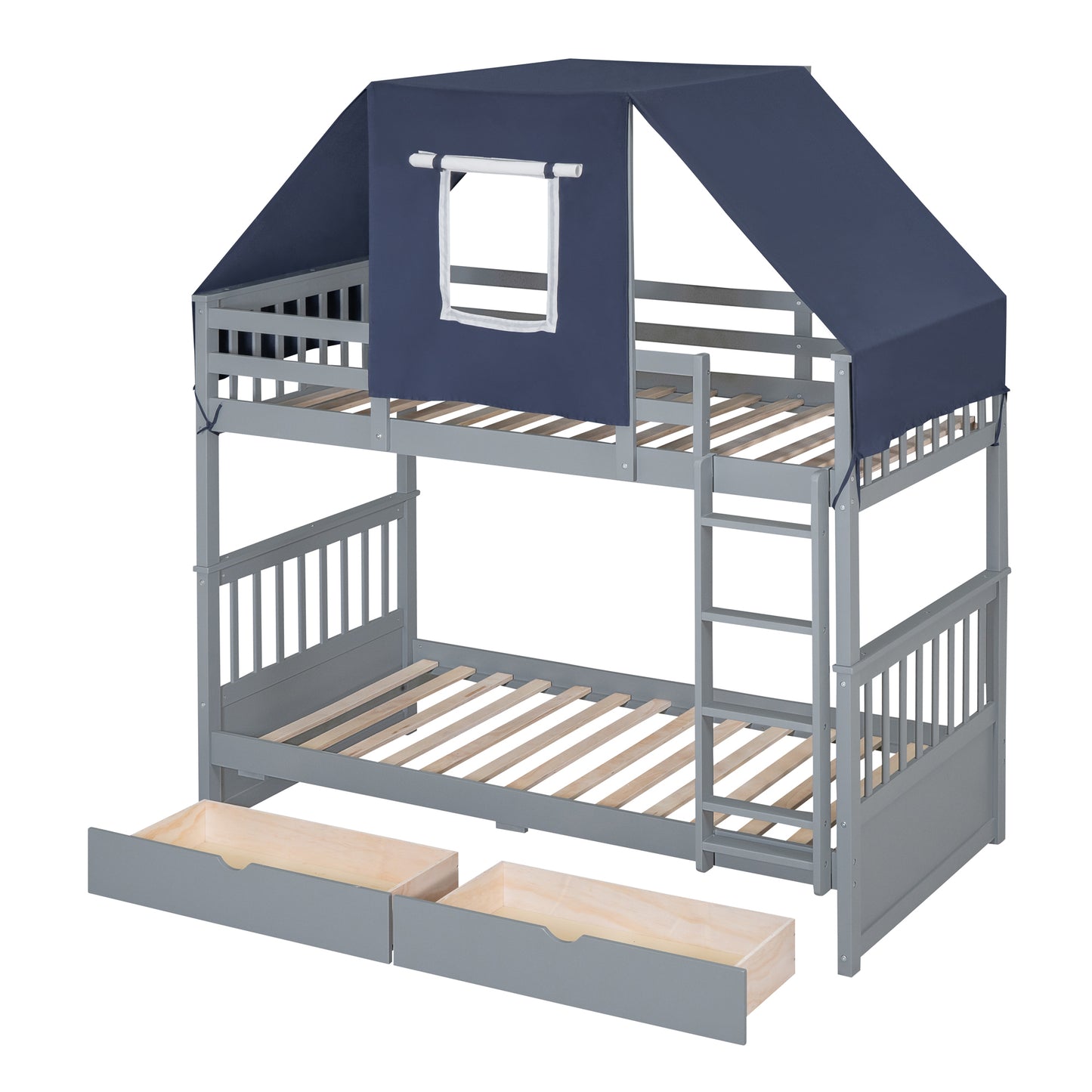 Twin Over Twin House Bunk Bed with Playful Tent and Storage Drawers, Gray+Blue Theme