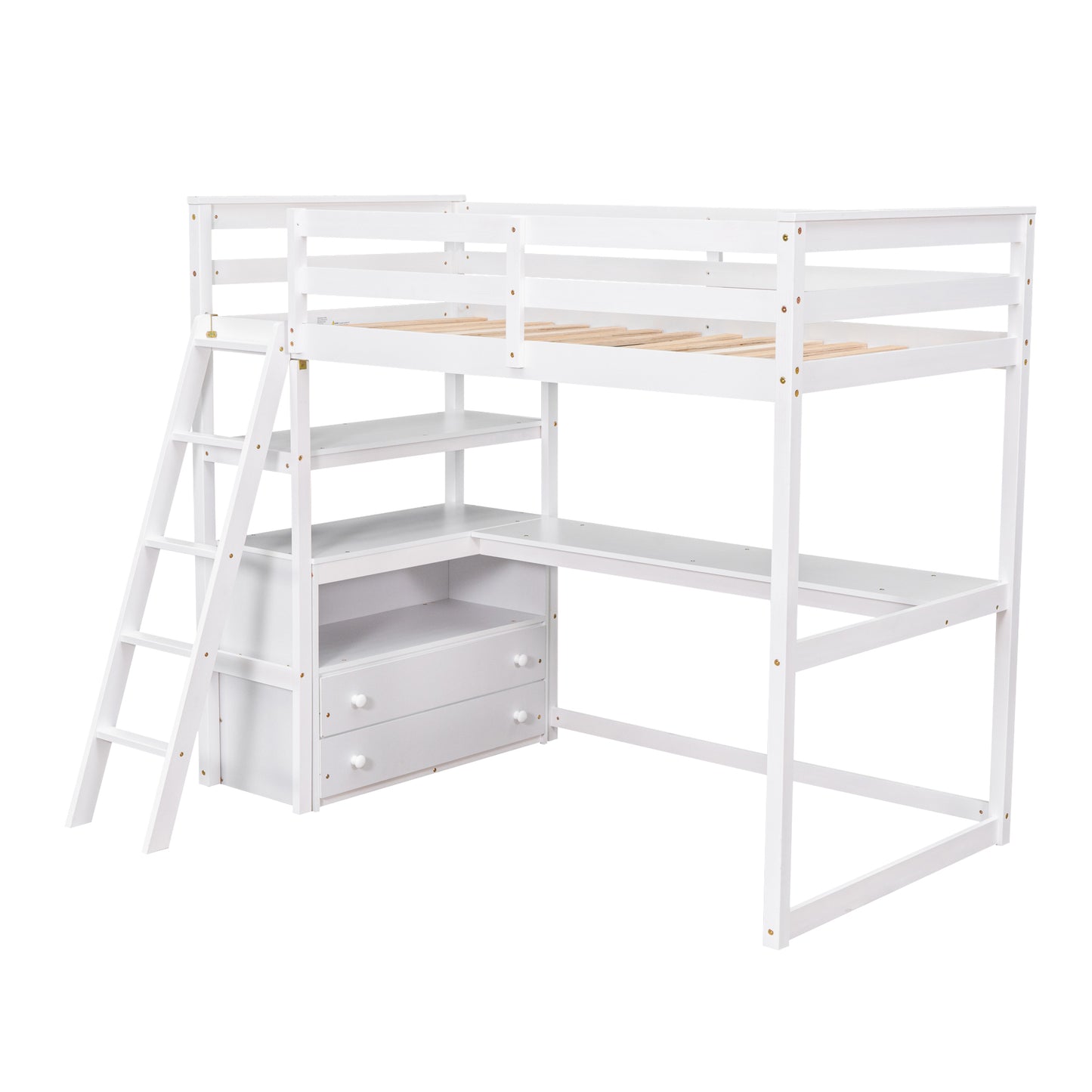 Twin Size Loft Bed with Desk and Shelves, Two Built-in Drawers, White (: GX000803AAK-1)