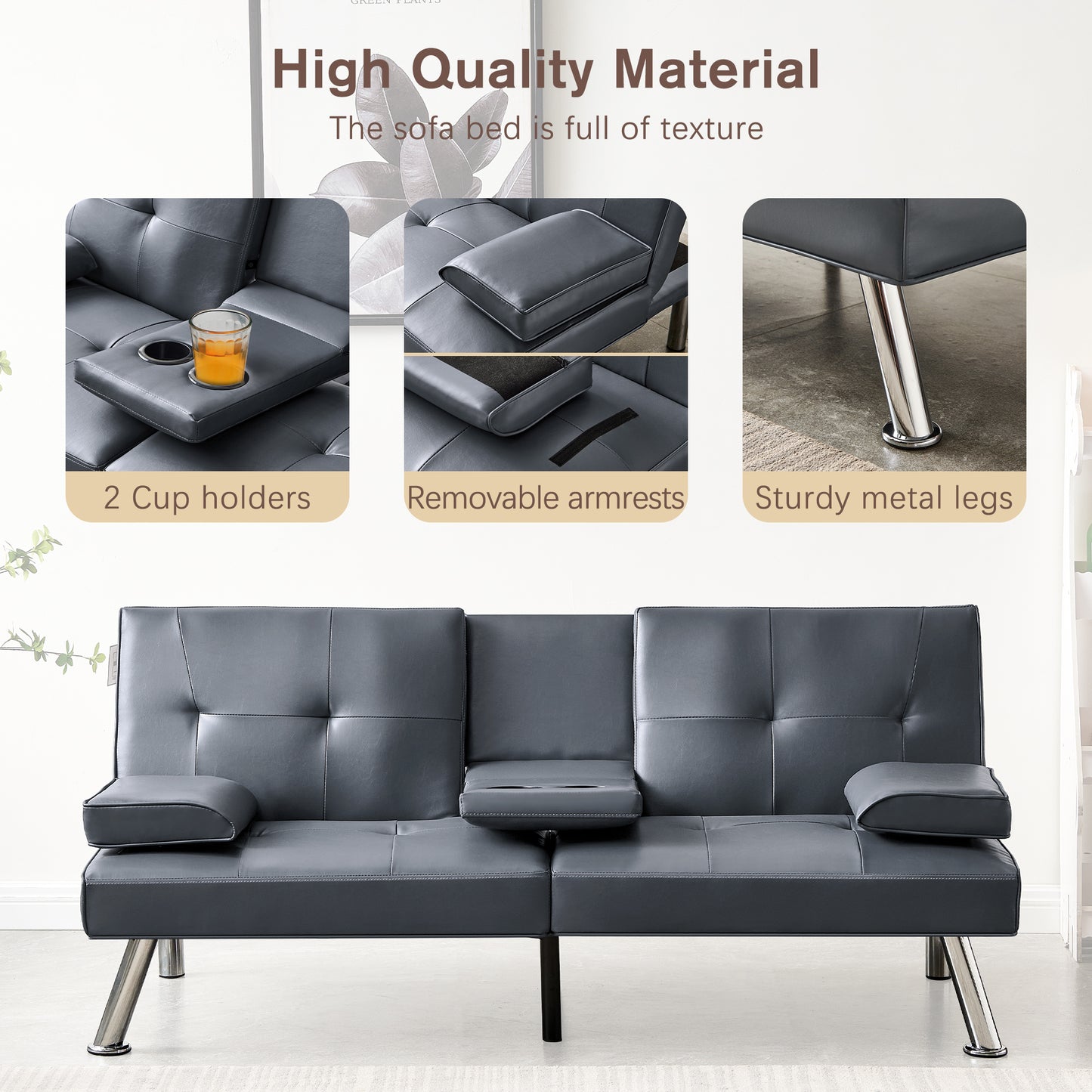 Convertible Sofa Bed Adjustable Couch Sleeper Modern Faux Leather Recliner Reversible Loveseat Folding Daybed Guest Bed, Removable Armrests, Cup Holders, 3 Angles, , Gray