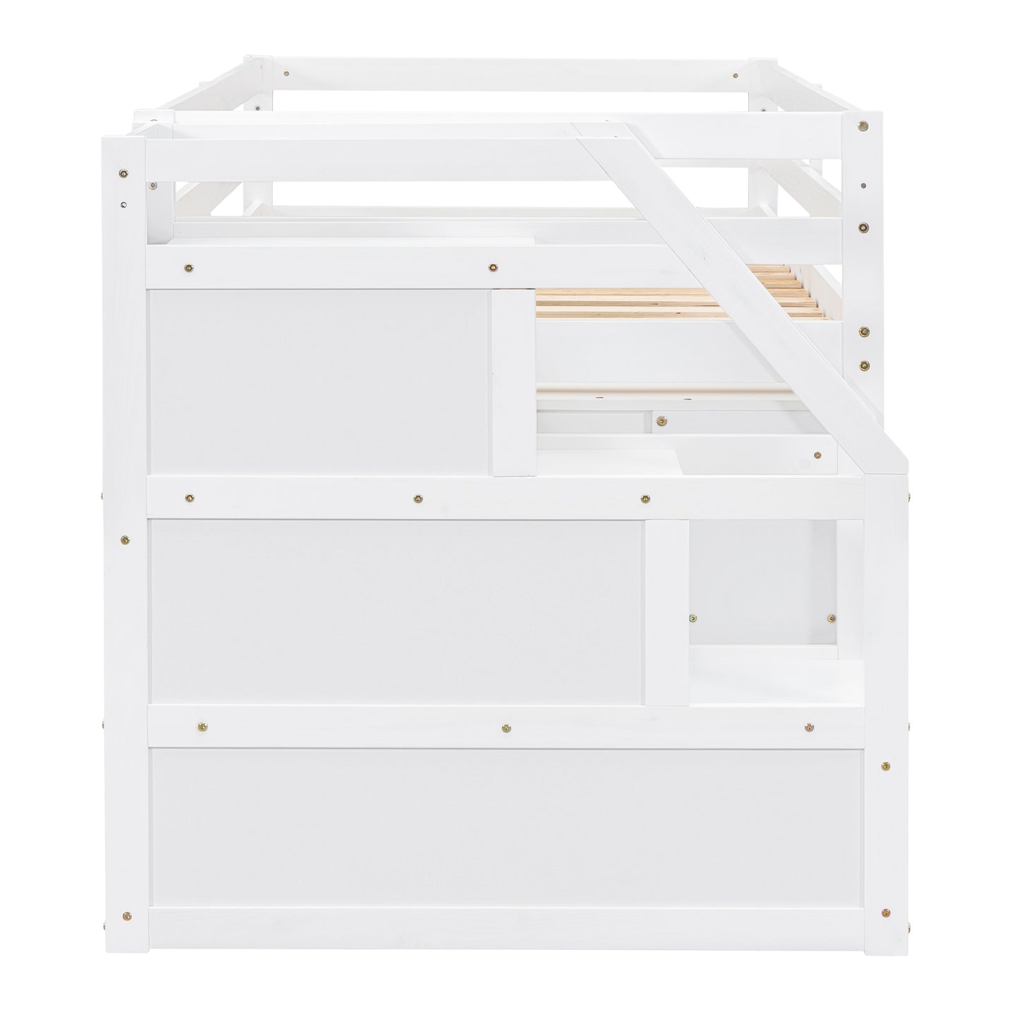 Twin Size Loft Bed with Retractable Writing Desk and 3 Drawers, Wooden Loft Bed with Storage Stairs and Shelves, White