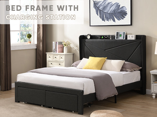 Full Size Bed Frame with 2 Storage Drawers, Upholstered Bed Frame with Wingback Headboard Storage Shelf Built-in USB Charging Stations and Strong Wood Slats Support, No Box Spring Needed, Dark Gray