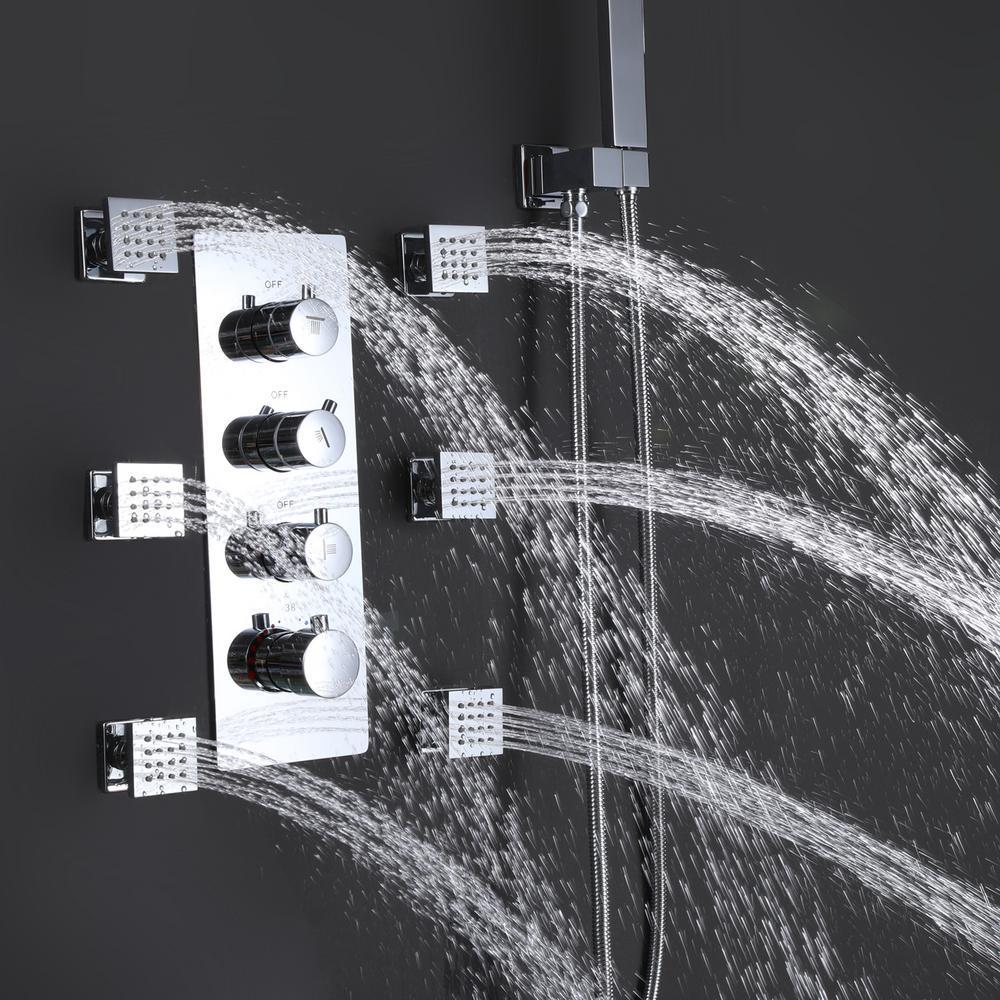 Luxury Thermostatic Mixer Shower System Rainfall with Set Shower Head and Hand shower Square Shower Head in Chrome Rough-in Valve