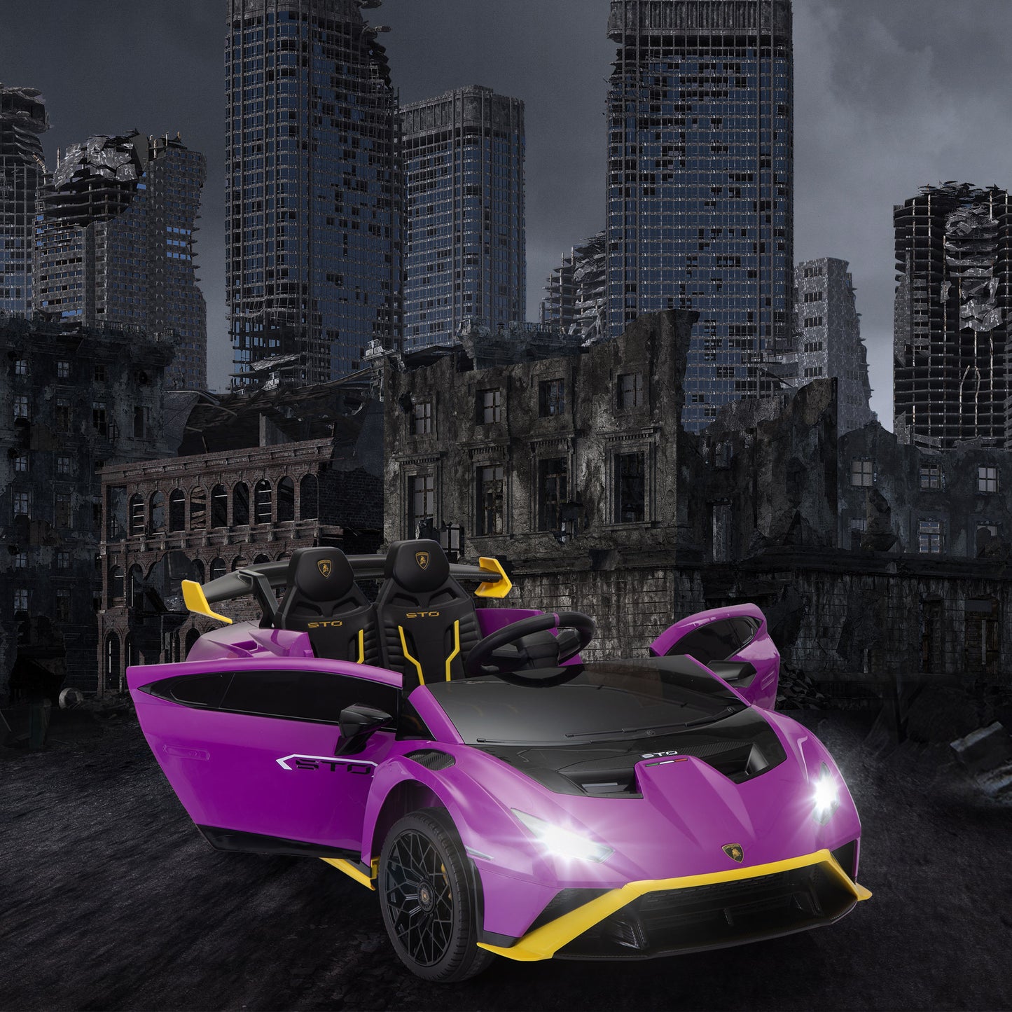 12V Battery Powered Ride On Car for Kids, Licensed Lamborghini, Remote Control Toy Vehicle with Music Player, LED Light, 2 Driving Modes,Purple