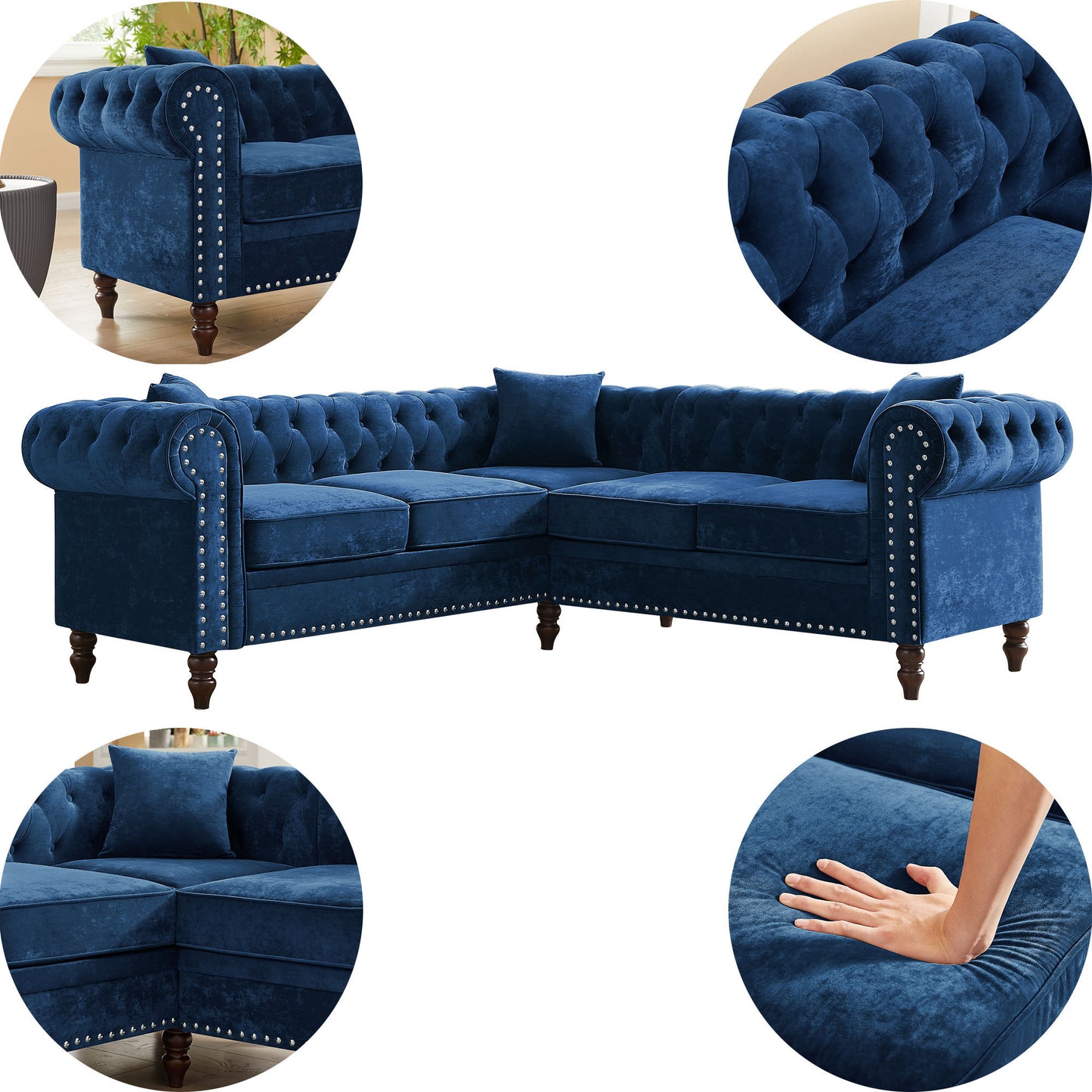 Luxurious Blue Velvet L-shaped Chesterfield Sofa with Deep Button Tufting