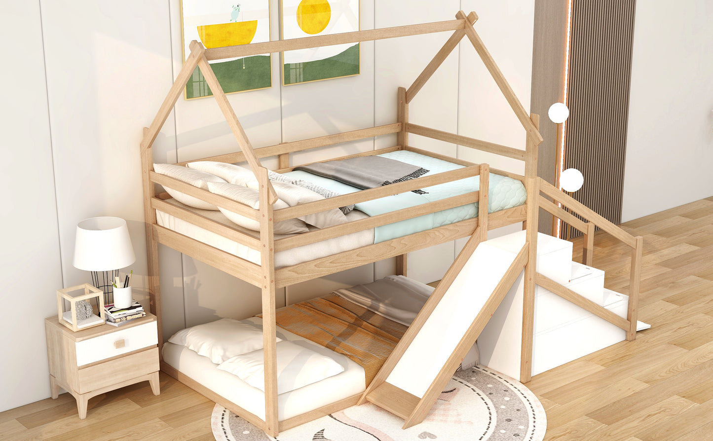 Twin House Loft Bunk Bed with Slide, Staircase, and Storage for Kids, Natural