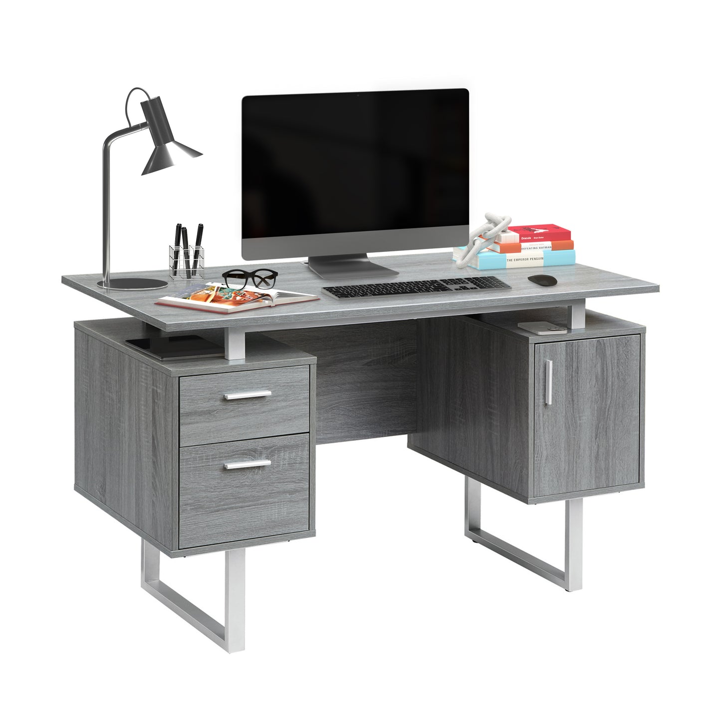 Sleek Grey Office Desk with Ample Storage