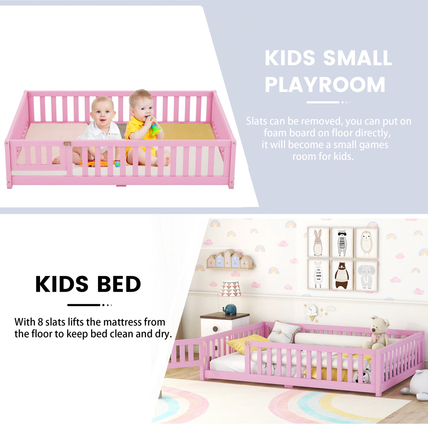 Full Size Bed Floor Bed with Safety Guardrails and Door for Kids, Pink