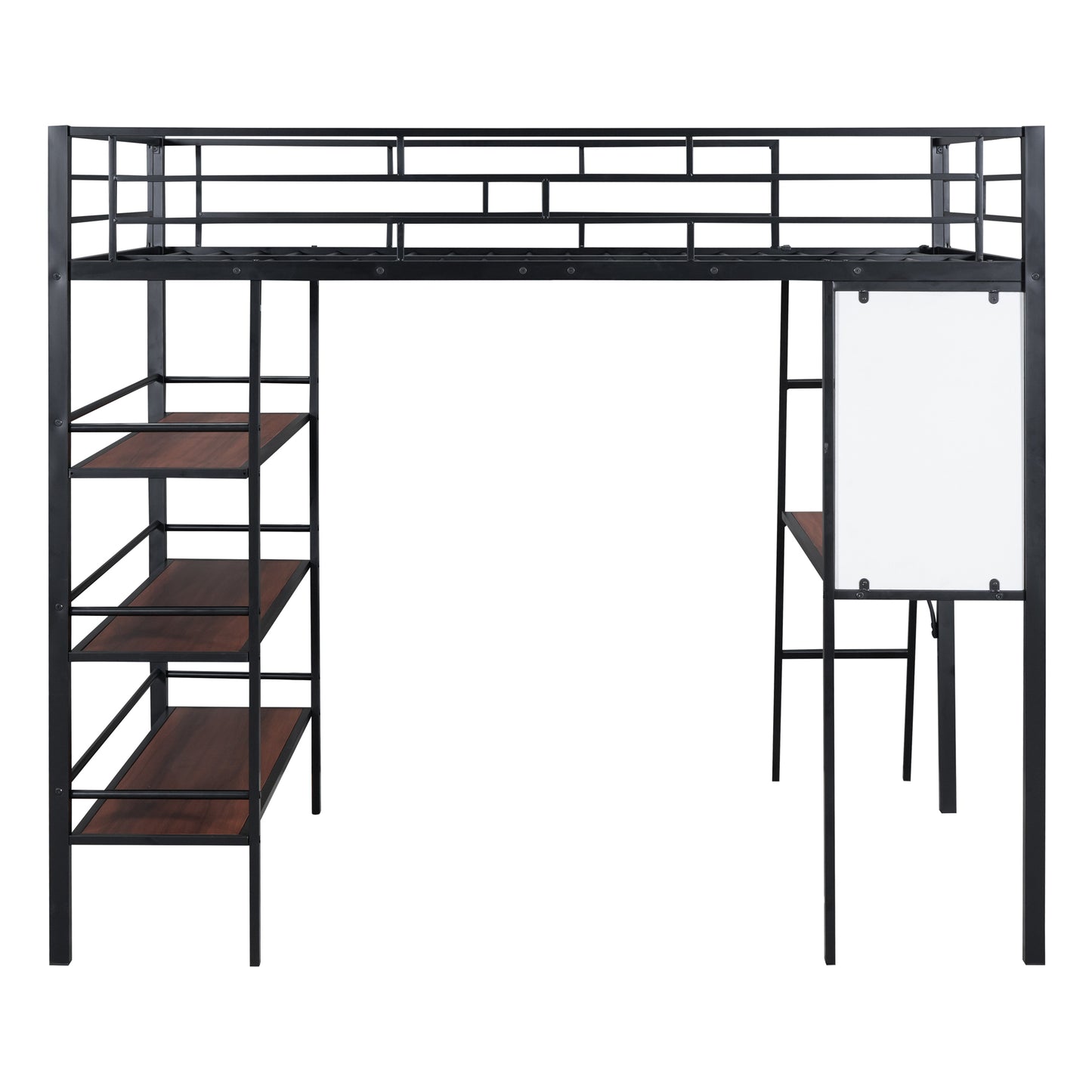 Full Size Loft Metal Bed with 3 Layers of Shelves and Desk, Stylish Metal Frame Bed with Whiteboard, Black