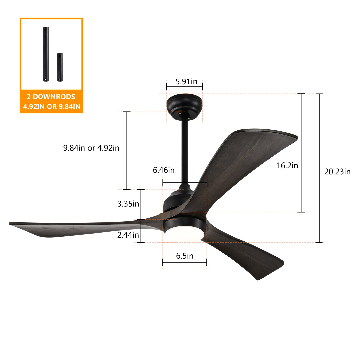 52-Inch Matte Black Ceiling Fan with Black Walnut Blades and Remote Control