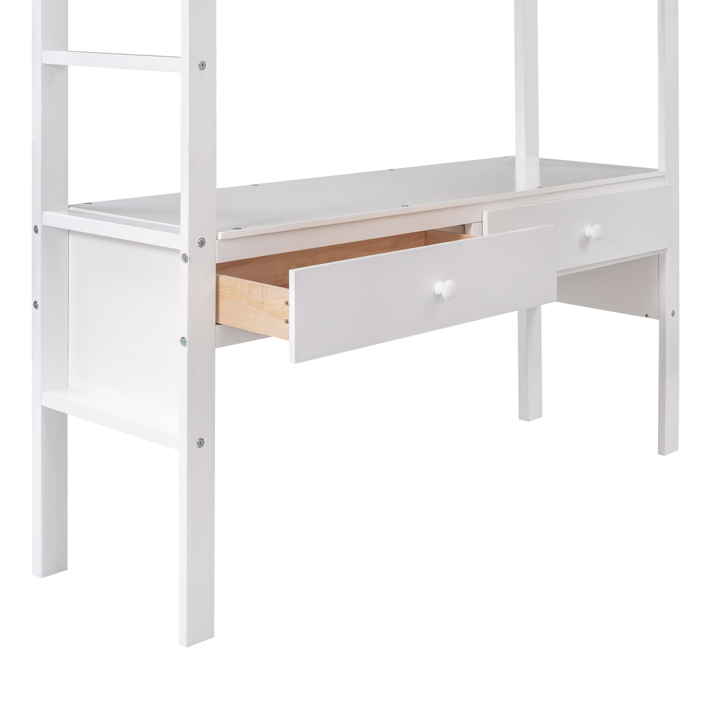 Full Size Loft Bed with Built-in Desk with Two Drawers, and Storage Shelves and Drawers,White