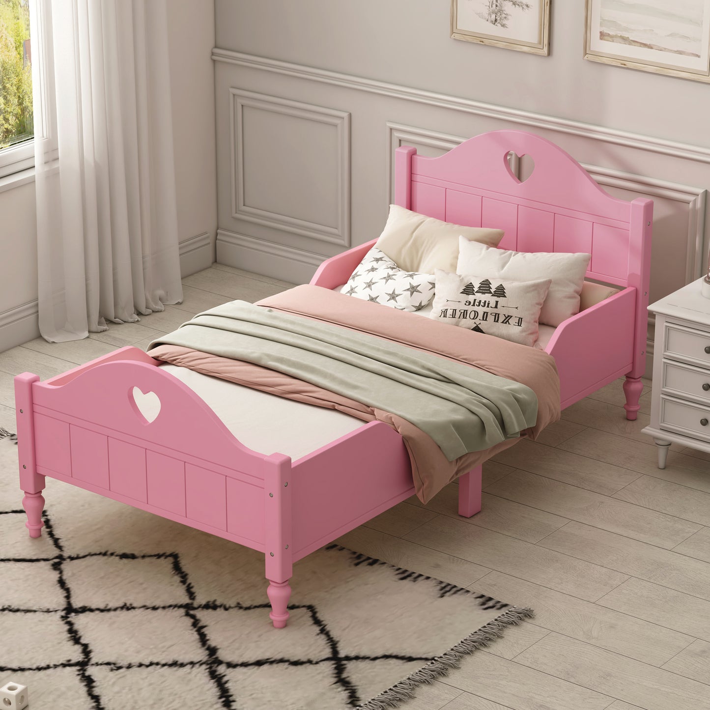 Macaron Twin Size Toddler Bed with Side Safety Rails and Headboard and Footboard,Light Pink