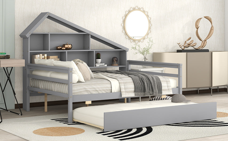 Full Size Platform Bed with Trundle and Shelves, Gray