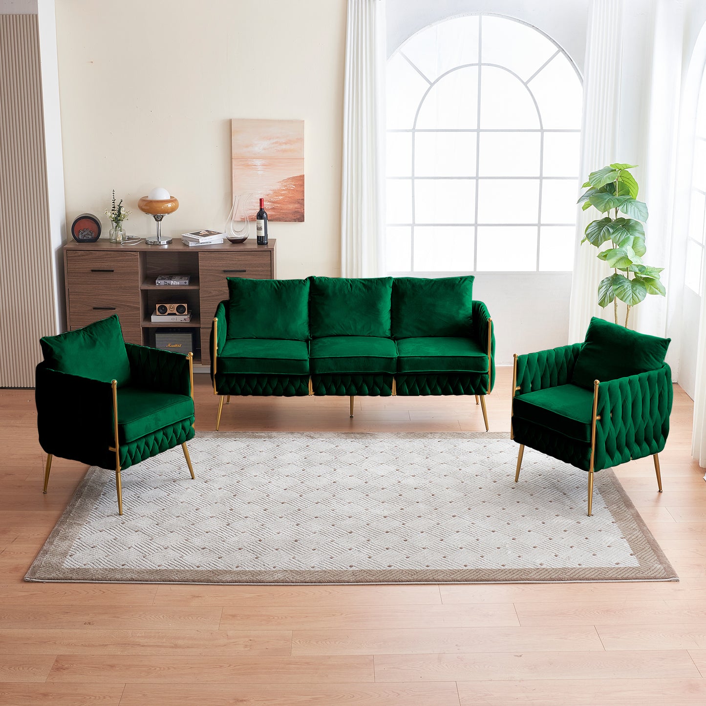 Velvet Sofa Set with Gold Legs, 2 Pieces of Modern Accent Chair and One piece of 3-Seater Sofa for Living Room, Comfy Upholstered Couch Set, Velvet Handmade Woven Back , Green Velvet