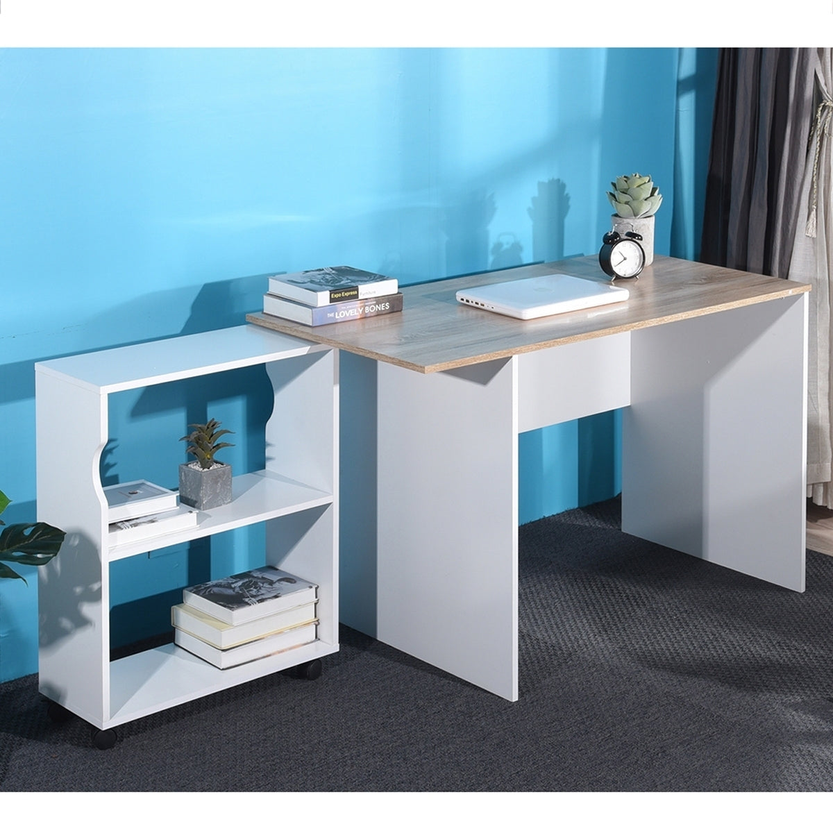 Oak & White Modern Computer Desk with Removable Bookcase - 47.4 L