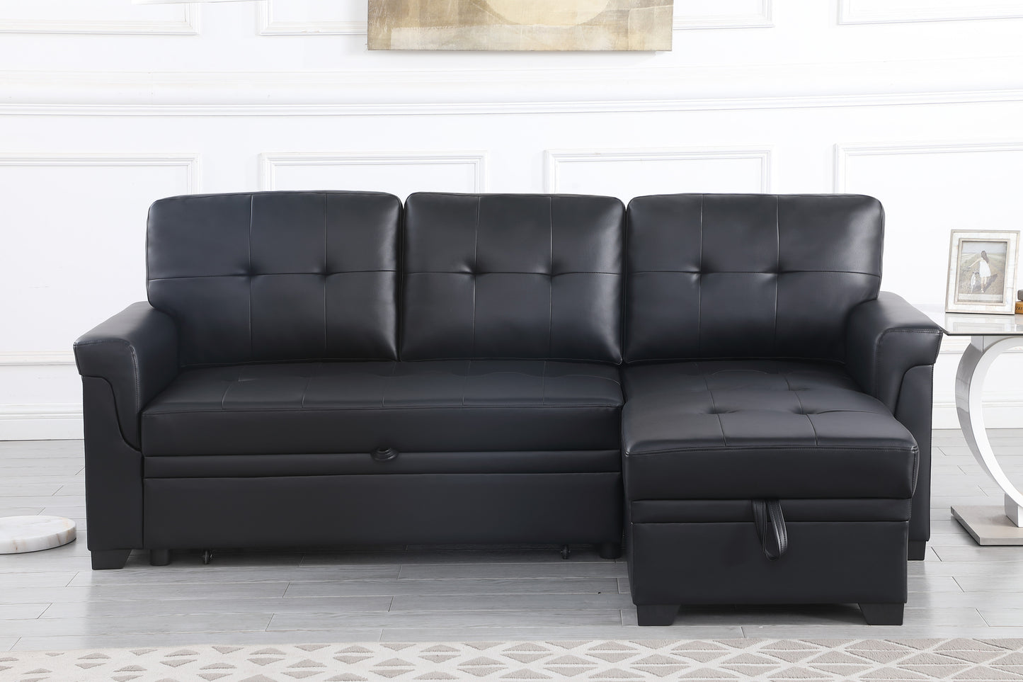 Lexi Modern Black Vegan Leather Sectional Sofa with Sleeper and Storage Chaise