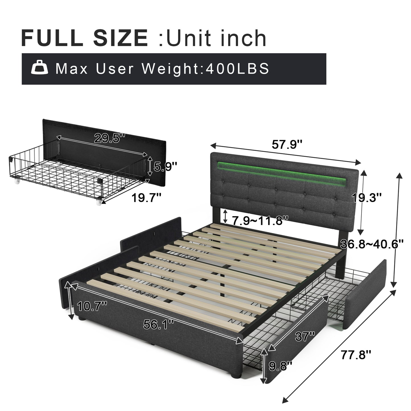 Bed Frame Full Size, Upholstered Platform Bed Frame with 4 Storage Drawers and LED Lights & Adjustable Headboard,No Box Spring Needed,Grey