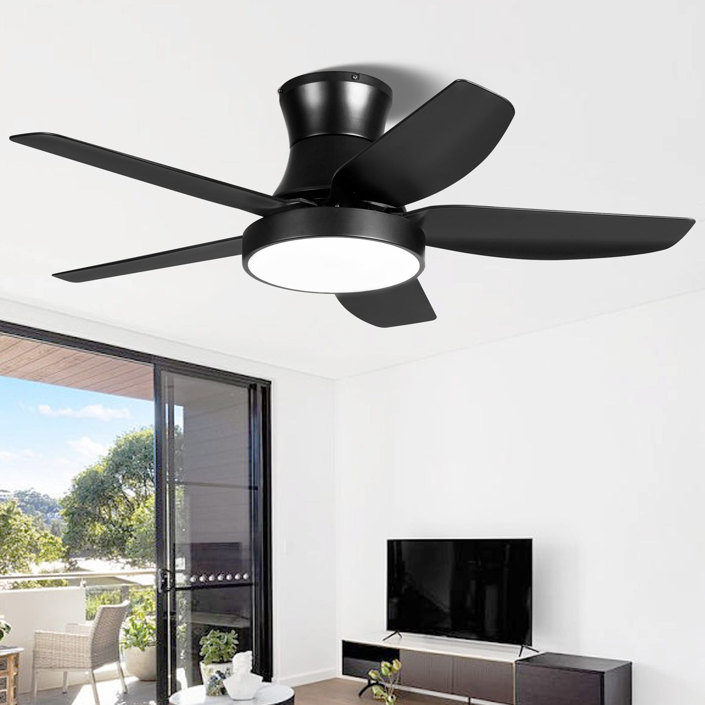 Modern Matte Black Flush Mount Ceiling Fan with Light and Remote Control - 46 Inch
