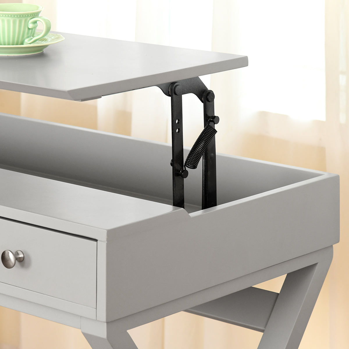 Adjustable Lift Desk with Farmhouse Style and Storage, Grey