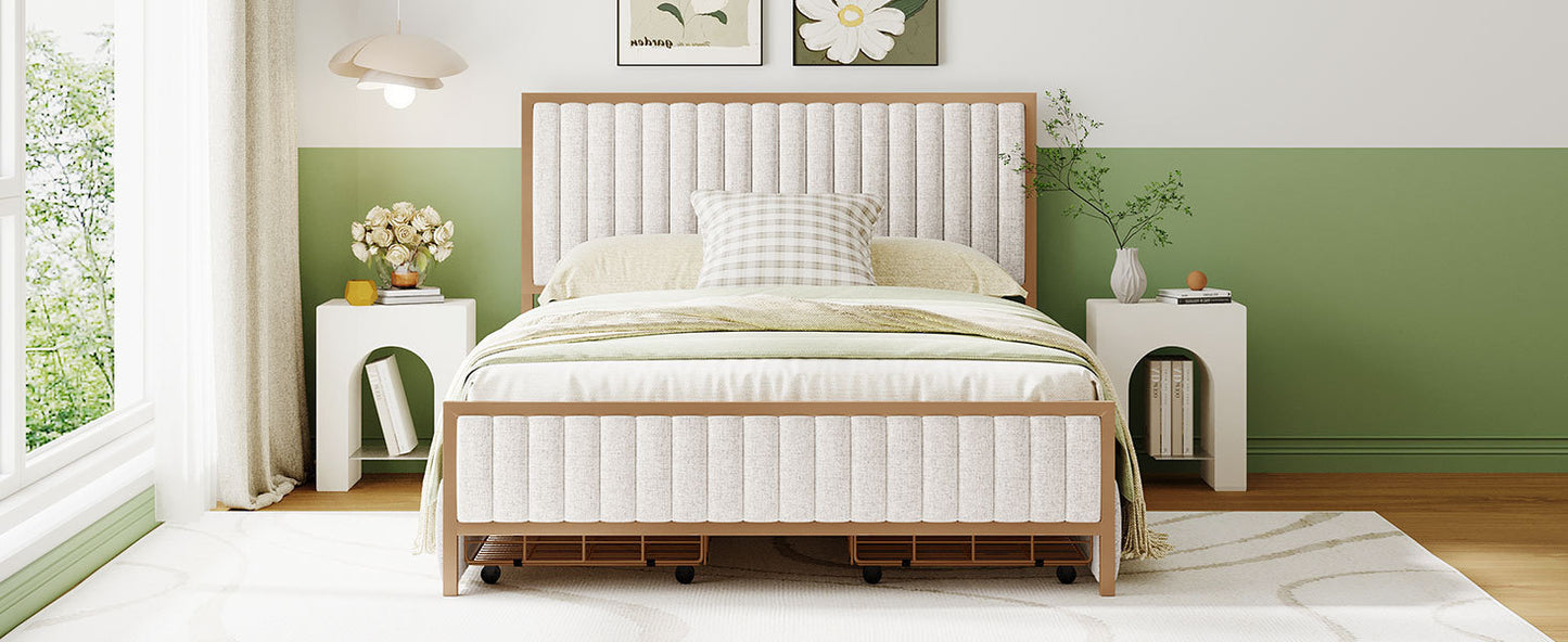 Full Size Metal Frame Upholstered Bed with 4 Drawers, Linen Fabric, Beige