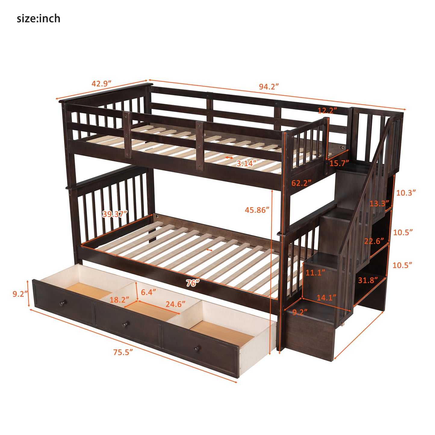 Staircase Twin Bunk Bed with Storage Drawers - Espresso