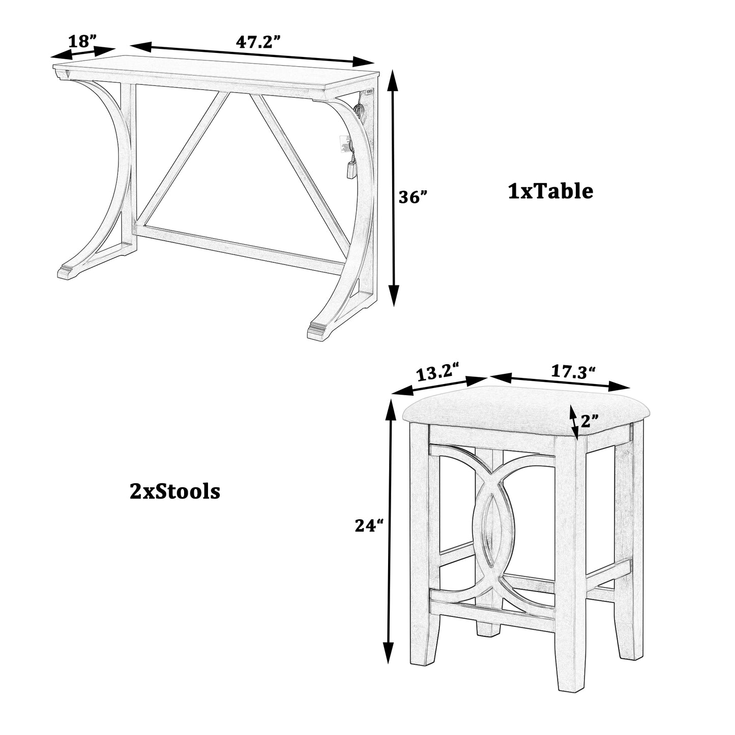 Farmhouse 3-Piece Counter Height Dining Table Set with USB Port and Upholstered Stools,Gray