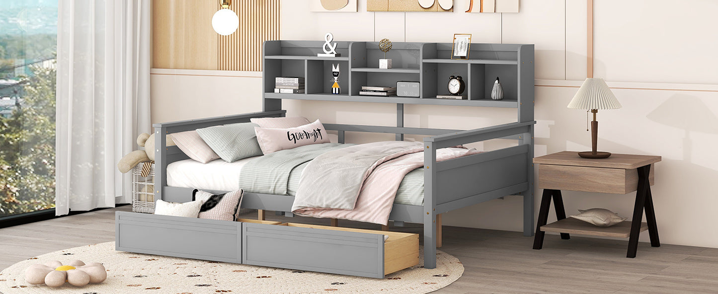 Full size Daybed, Wood Slat Support, with Bedside Shelf and Two Drawers, Gray